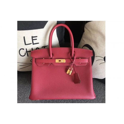 Hermes Birkin 30 Tote Bags Original Togo Leather Handstitched Ruby Red
