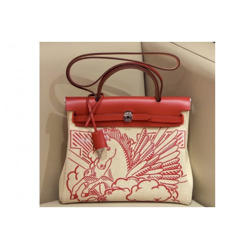 Hermes herbag zip 31 bag in Red Horse Officier canvas and Leather
