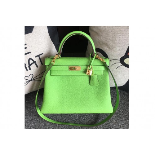 Hermes Kelly 28cm Bag Full Handmade in Original Green Togo Leather With Gold Buckle