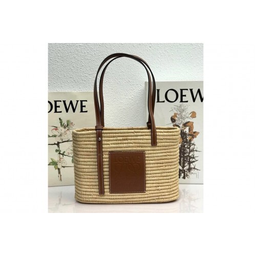 Loewe Small Square Basket bag in Natural Pecan raffia and calfskin
