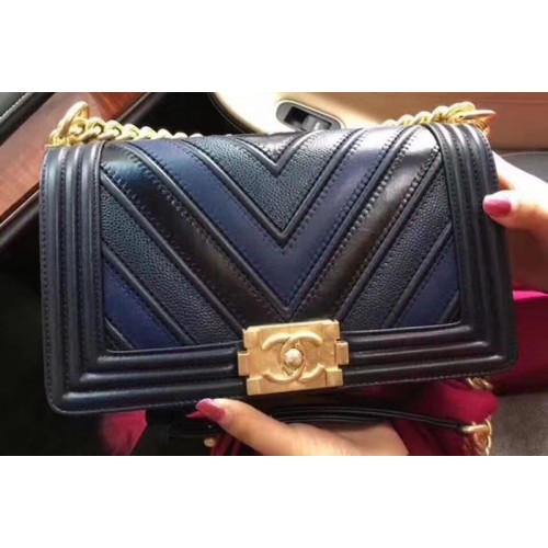 Chanel Le Boy Flap Bag Original Chevron Sheepskin Leather A92193 Black/Blue