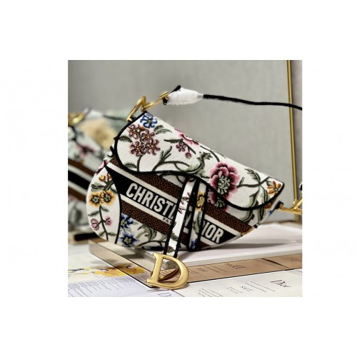 Dior M0446 Saddle bag in White Multicolor Dior Petites Fleurs Embroidery