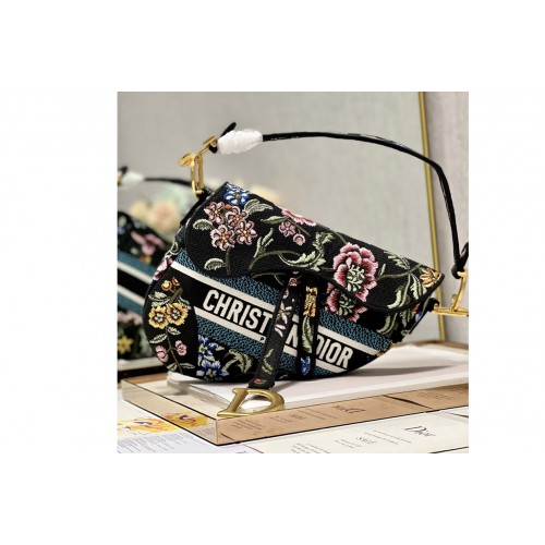 Dior M0446 Saddle bag in Black Multicolor Dior Petites Fleurs Embroidery