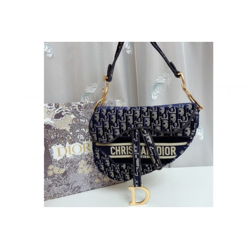 Christian Dior M0446 Dior Saddle bag in Blue Dior Oblique Embroidery