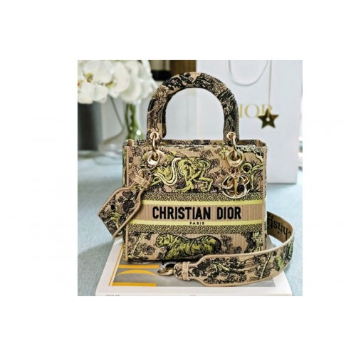 Dior M0565 Medium Dioriviera Lady D-Lite Bag in Raffia with Lemon Yellow Toile de Jouy Sauvage Embroidery