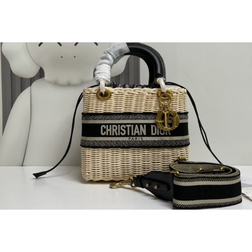 Christian Dior M0565 Medium Lady Dior handbag in Natural Wicker and Blue Dior Oblique Jacquard