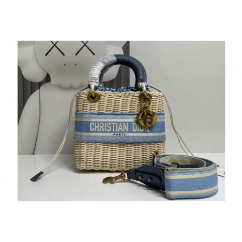 Christian Dior M0565 Medium Lady Dior handbag in Natural Wicker and Blue Dior Oblique Jacquard