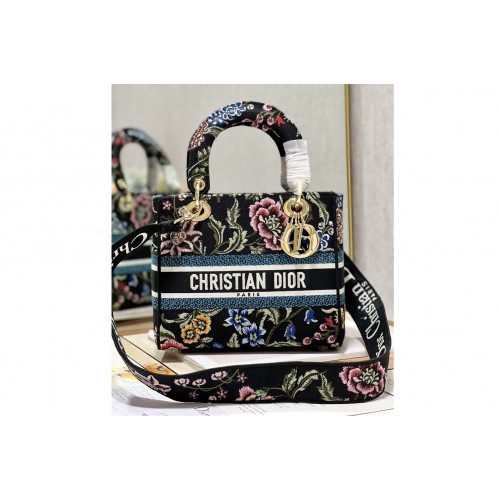 Dior M0565 Medium Lady D-Lite bag in Black Multicolor Dior Petites Fleurs Embroidery