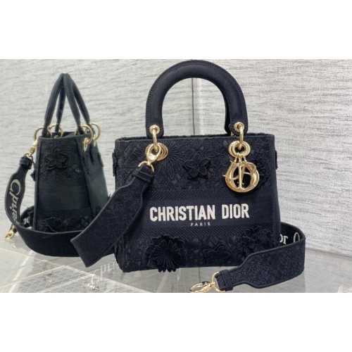 Dior M0565 Christian Dior Medium Lady D-Lite bag in Black D-Lace Embroidery with 3D Macrame Effect