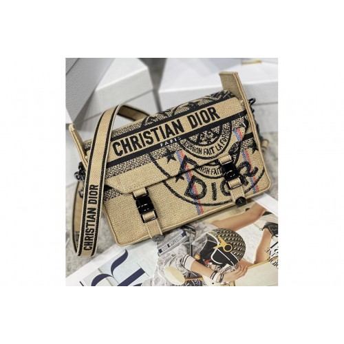 Dior M1241 Christian Dior Small Diorcamp Bag in Beige Jute Canvas Embroidered with Dior Union Motif