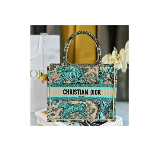 Dior M1265 Small Dior Book Tote Bag in Raffia with Blue Toile de Jouy Sauvage Embroidery