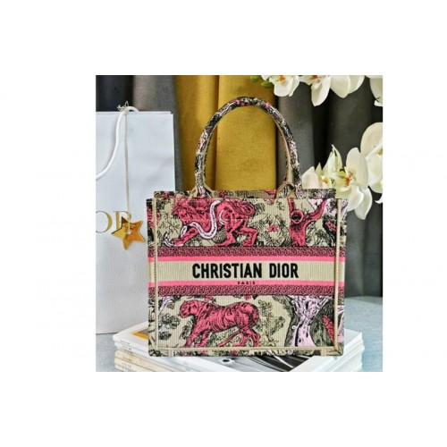 Dior M1265 Small Dior Book Tote Bag in Raffia with Pink Toile de Jouy Sauvage Embroidery