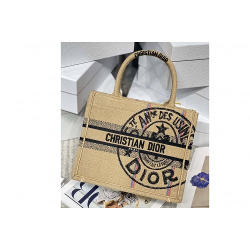 Dior M1265 Christian Dior Small Dior Book Tote Bag in Beige Jute Canvas Embroidered with Dior Union Motif