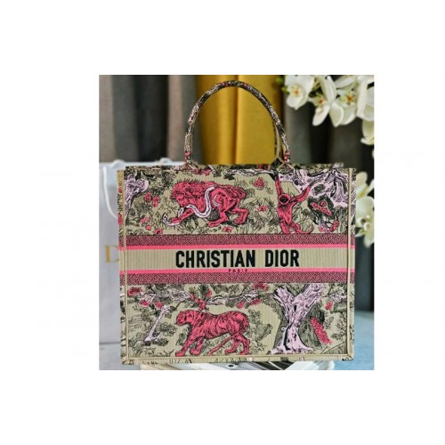 Dior M1286 Large Dioriviera Dior Book Tote bag in Raffia with Pink Toile de Jouy Sauvage Embroidery