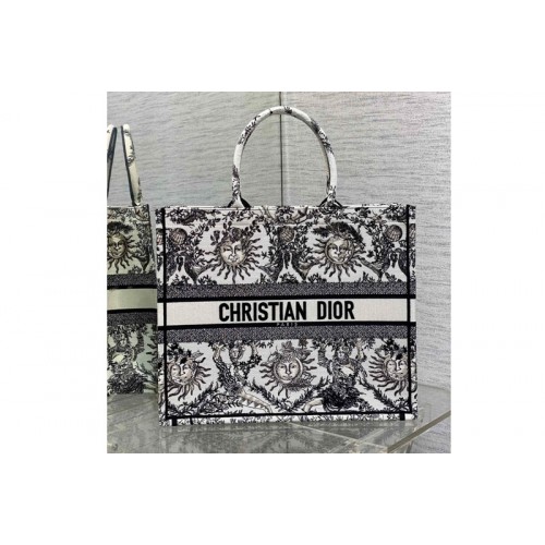 Dior M1286 Christian Dior Large Dior Book Tote Bag in White and Black Toile de Jouy Soleil Embroidery