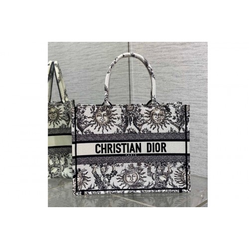 Dior M1296 Christian Dior Medium Dior Book Tote Bag in White and Black Toile de Jouy Soleil Embroidery