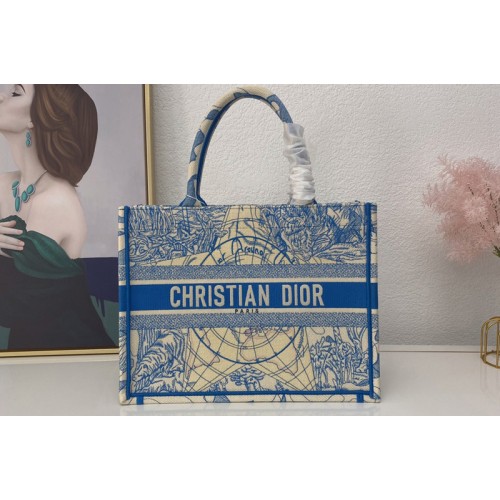 Christian Dior M1296 Small Dior Book Tote Bag in Blue Multicolor Dior Around the World Embroidery