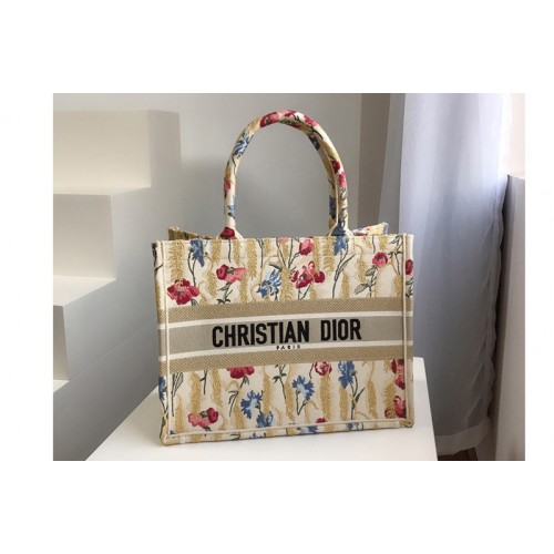 Christian Dior M1296 Small Dior book tote Bag in Beige Multicolor Dior Hibiscus Metallic Thread Embroidery