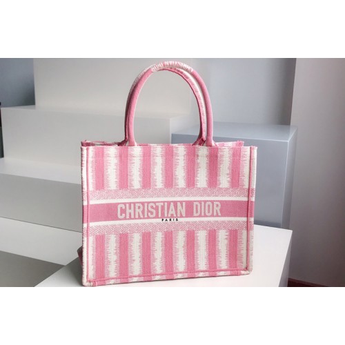 Christian Dior M1296 Small Dior Book Tote Bag in Pink D-Stripes Embroidery