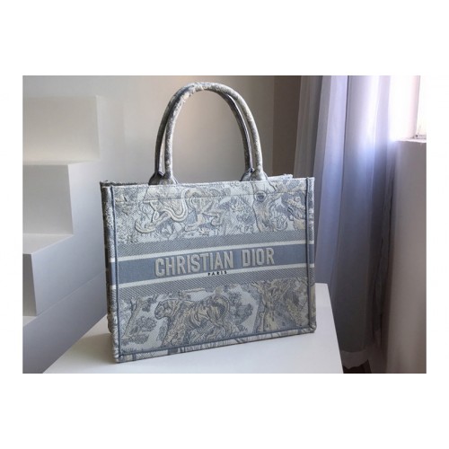 Christian Dior M1296 Small Dior Book Tote Bag in Gray Toile de Jouy Embroidery