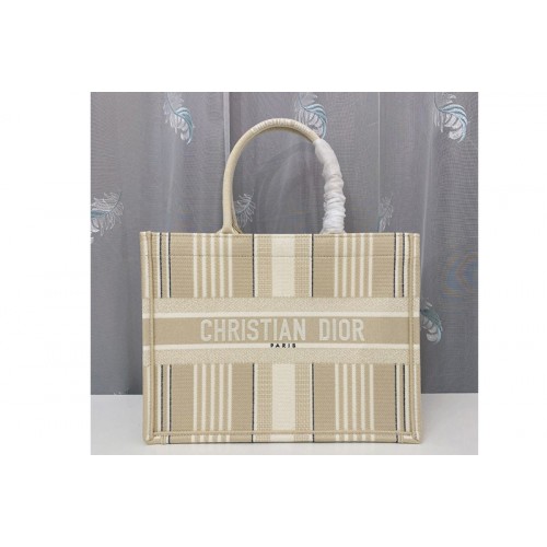 Christian Dior M1296 Small Dior Book Tote Bag in Beige Stripes Embroidery