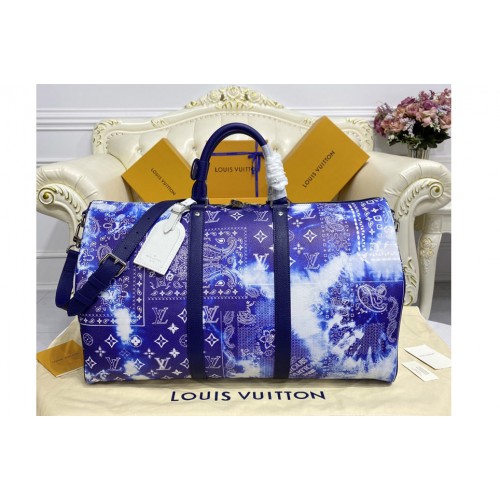 Louis Vuitton M20558 Keepall Bandoulière 50 soft travel bag in Blue cowhide leather
