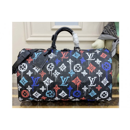 Louis Vuitton M21384 Keepall Bandouliere 50 travel bag in Monogram Eclipse canvas with the Monogram Blossoms