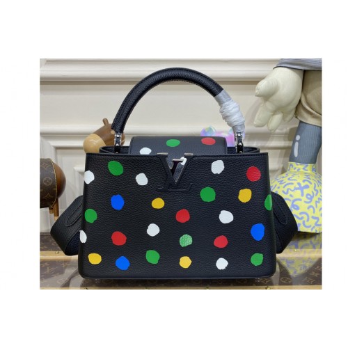 Louis Vuitton M21663 LVxYK Capucines MM Bag in Black Taurillon bull calf leather with 3D Painted Dots print