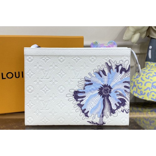 Louis Vuitton M21677 LVxYK Pochette Voyage bag in White Taurillon Monogram cowhide with Psychedelic Flower print on front