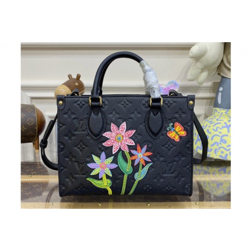 Louis Vuitton M21732 LVxYK OnTheGo PM bag in Black Embossed grained Monogram Empreinte cowhide leather with Flower marquetry
