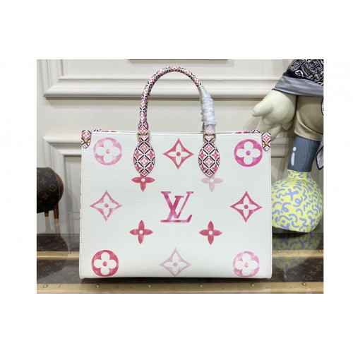 Louis Vuitton M22975 OnTheGo MM tote bag in Beige Monogram coated canvas With Red