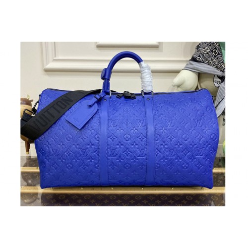 Louis Vuitton M23082 Keepall Bandouliere 50 Bag in Racing Blue Embossed Taurillon Monogram cowhide leather