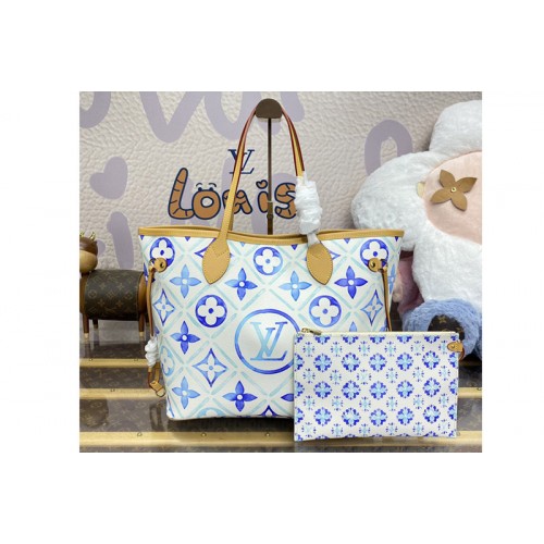 Louis Vuitton M11263 Neverfull MM tote Bag in Blue Monogram Tiles coated canvas