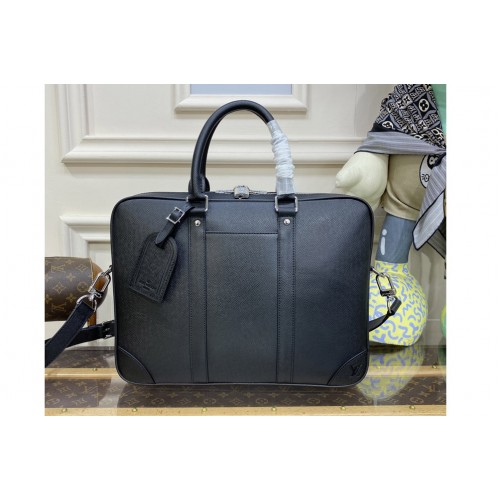 Louis Vuitton M30925 Porte-Documents Voyage PM Bag in Black Taiga Noir cowhide leather