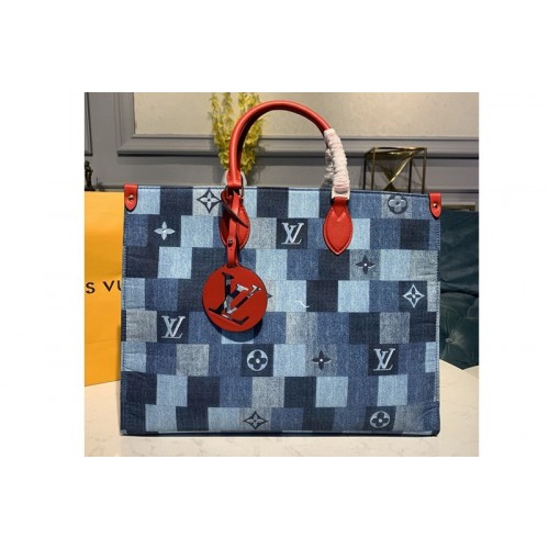 Louis Vuitton M44992 Onthego GM tote bag in Blue Red Monogram Denim canvas