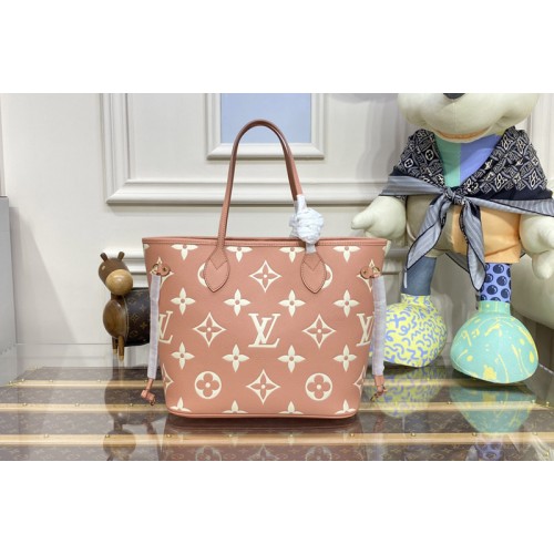 Louis Vuitton M45685 Neverfull MM tote bag in Pink Cream Monogram Empreinte leather