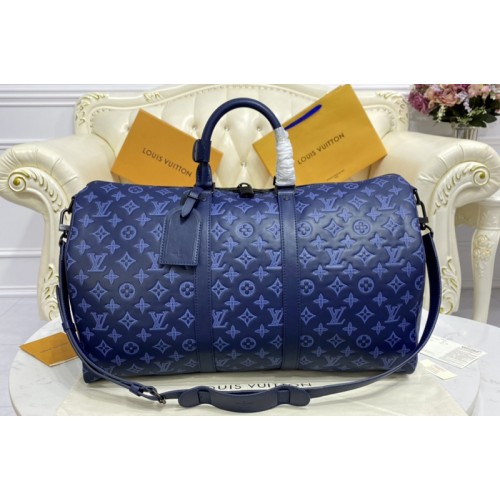 Louis Vuitton M45731 Keepall Bandoulière 50 weekend bag in Navy Blue Monogram Shadow cowhide leather