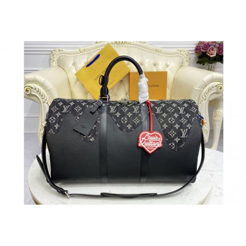 Louis Vuitton M45975 Keepall Bandouliere 50 Travel Bag in Black Monogram denim and Taurillon leather