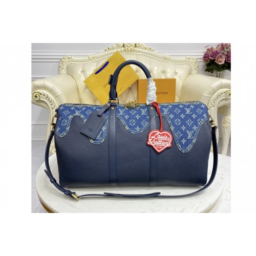 Louis Vuitton M45975 Keepall Bandouliere 50 Travel Bag in Blue Monogram denim and Navy Blue Taurillon leather
