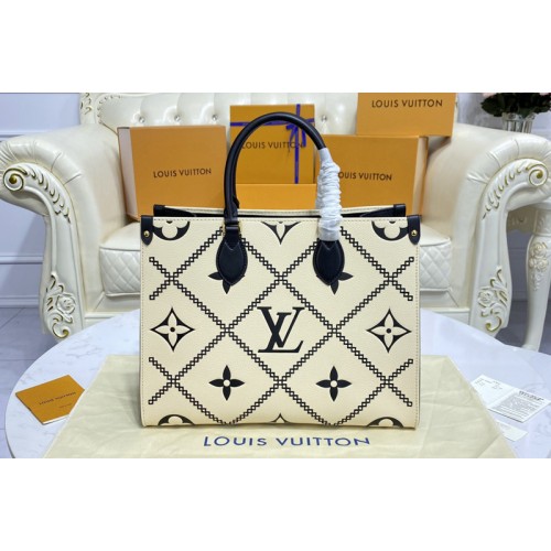 Louis Vuitton M46016 Onthego MM tote Bag in Beige Black Monogram Empreinte leather
