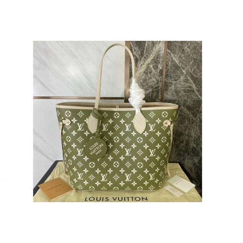 Louis Vuitton M46102 Neverfull MM tote bag on Khaki Green Beige Cream Monogram-embossed leathers