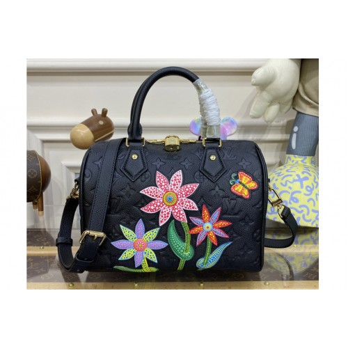 Louis Vuitton M46415 LVxYK Speedy Bandoulière 25 bag in Black Embossed grained Monogram Empreinte cowhide leather with Flower marquetry