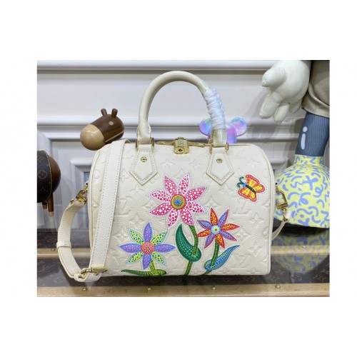 Louis Vuitton M46415 LVxYK Speedy Bandoulière 25 bag in White Embossed grained Monogram Empreinte cowhide leather with Flower marquetry