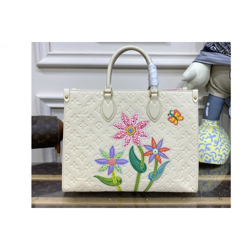 Louis Vuitton M46416 LVxYK OnTheGo MM Bag in White Monogram Empreinte Leather with Flower marquetry