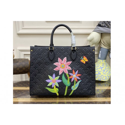 Louis Vuitton M46416 LVxYK OnTheGo MM Bag in Black Monogram Empreinte Leather with Flower marquetry