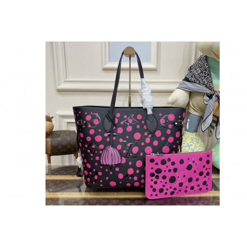 Louis Vuitton M46418 LVxYK Neverfull MM Bag in Black and Fuchsia Monogram Empreinte Leather with Infinity Dots print