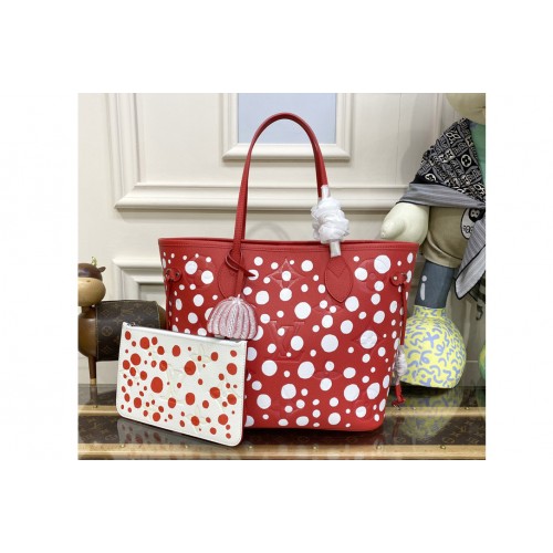 Louis Vuitton M46422 LVxYK Neverfull MM Bag in Red and white Monogram Empreinte Leather with Infinity Dots print