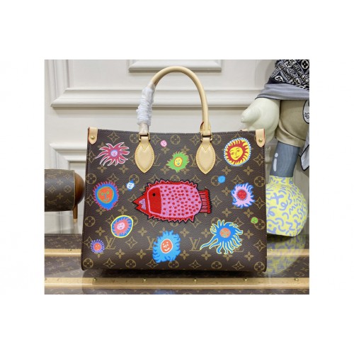 Louis Vuitton M46429 LVxYK OnTheGo MM Bag in Monogram coated canvas with Faces print and embroidery