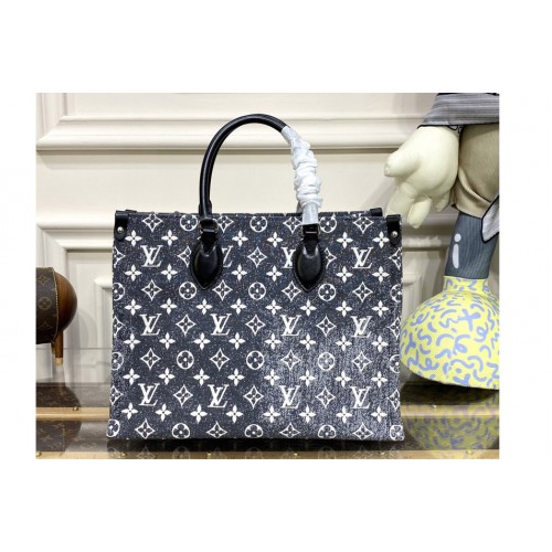 Louis Vuitton M46448 OnTheGo MM tote Bag in Gray Denim textile jacquard
