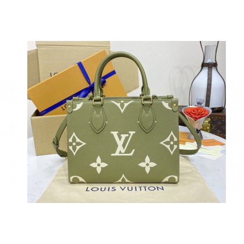Louis Vuitton M46647 OnTheGo PM Bag in Light Khaki Cream Monogram Empreinte embossed grained cowhide leather